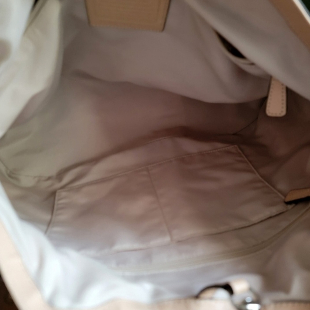 Coach Signature Stripe Devin Tote Khaki Jacquard w/ Pink Tan Leather #F28503